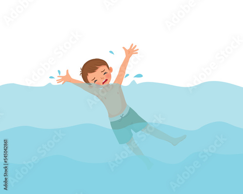 Cute little boy drowning in the swimming pool waving hands calling for help