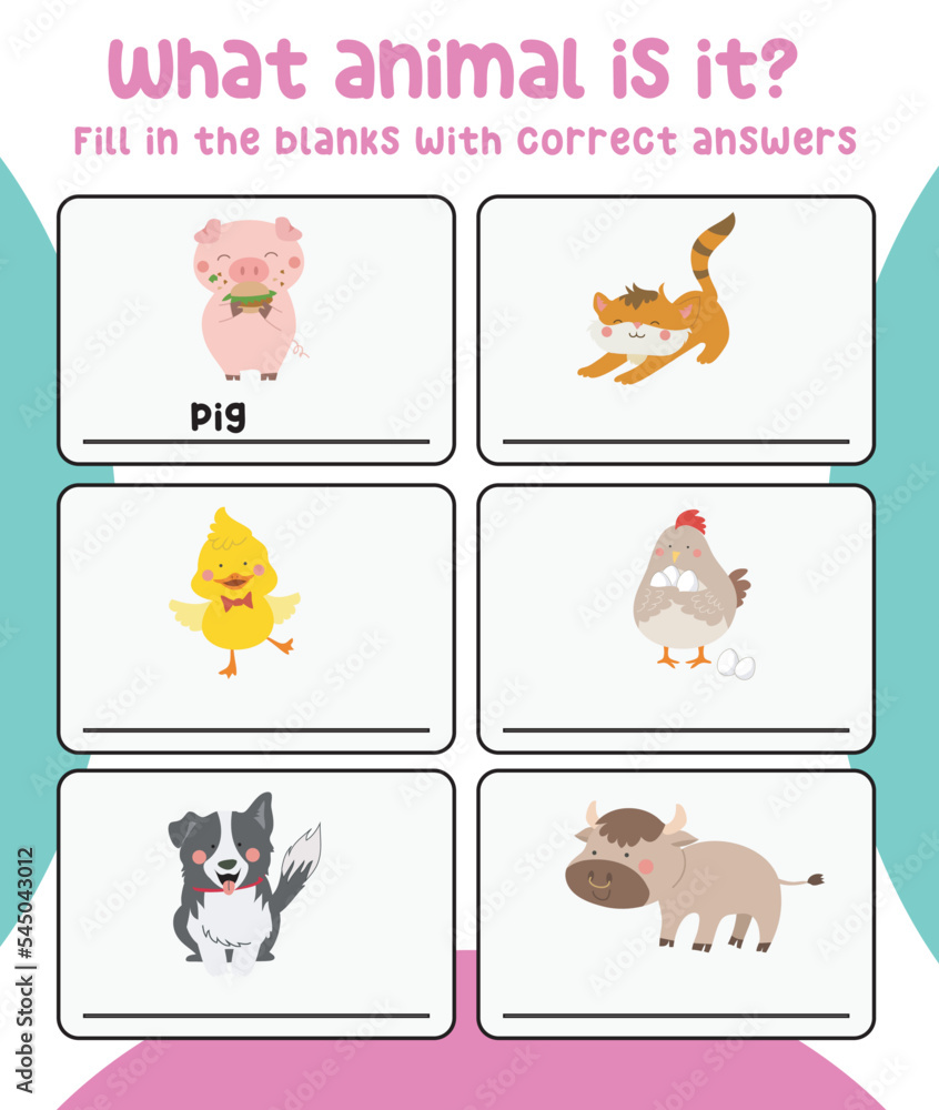What animal is this printable worksheet. See and write the correct animal's names. Educational worksheet for preschool. Vector illustration.