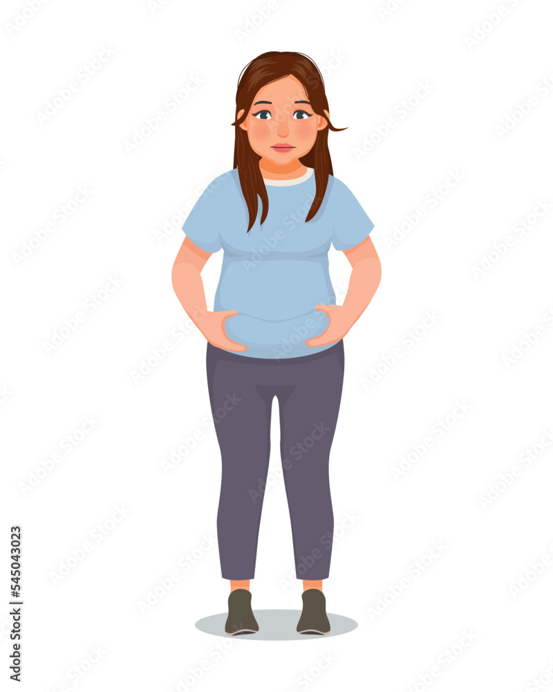 Overweight young woman touching her fat belly hoping to lose weight Overweight young woman touching her fat belly hoping to lose weight