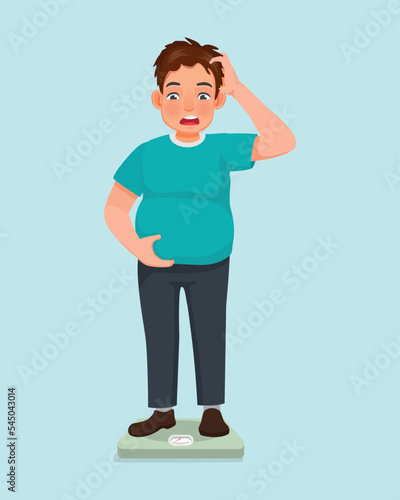 Overweight young man with fat belly surprised to see his weight on the scale