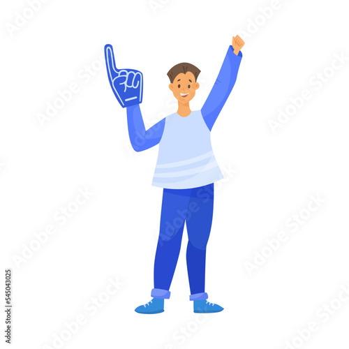 Happy football male fan with foam finger cartoon illustration. Man cheering for football or soccer team, holding foam finger. Sports game, crowd, support concept