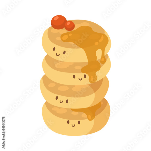 Funny pancakes with smiling faces illustration. Cute pancakes with berries and syrup character. Meal, morning routine concept