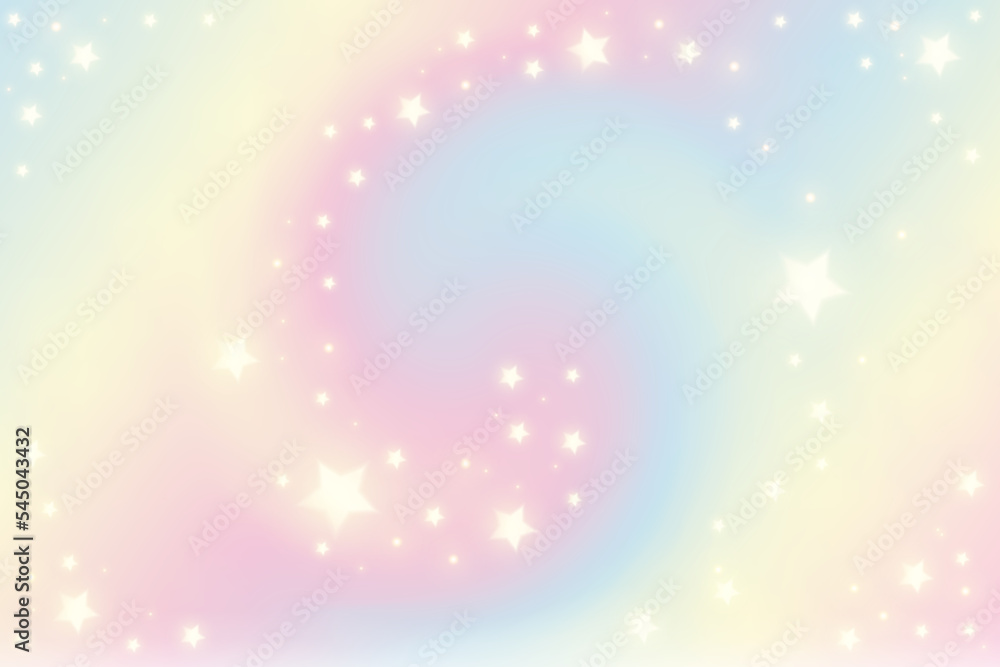 Fototapeta premium Pastel rainbow swirl background with stars. Fantasy neon unicorn pattern. Bright multicolored sky. Vector illustration.