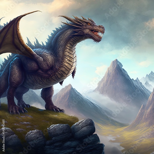 A digital illustration artwork of mythical dragon, a large reptile in an epic painting with cinematic background. Aggressive and ultra realistic monster, a scary fictional creature out of dragon lore