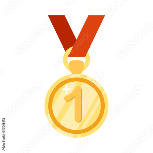 Gold round medal with number and red ribbon illustration. Golden sports medal or award for winners isolated on white background. Victory, success, competition concept