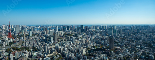 Ultra wide panoramic view of Tokyo central are with Tokyo tower at daytime.