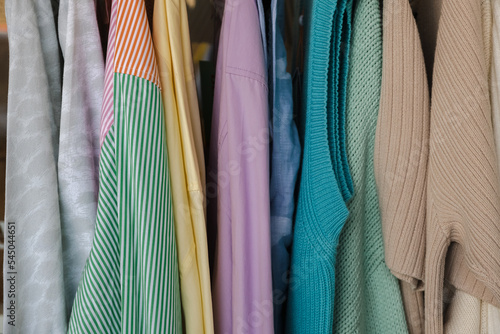 Clothes on a rack close up photo