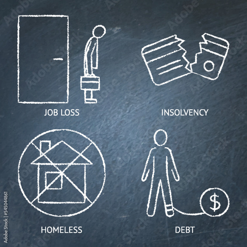 Economic and financial crisis chalkboard icon set