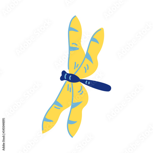 Dragonfly in blue and yellow colors. Flying dragonfly on white background cartoon illustration. Nature, animal, greenery, flora, fauna concept