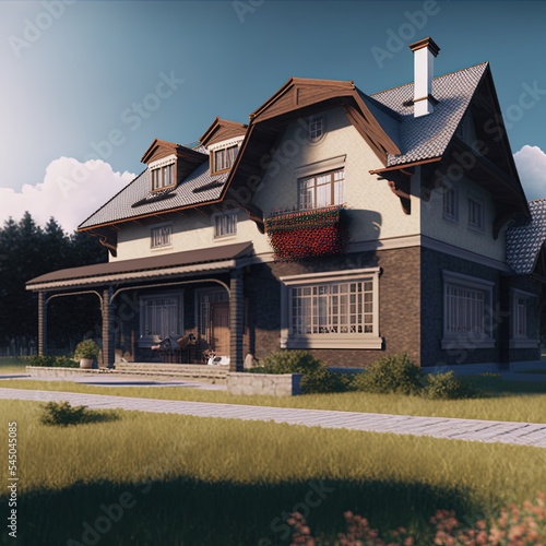 New single family house, exterior view 3d illustration