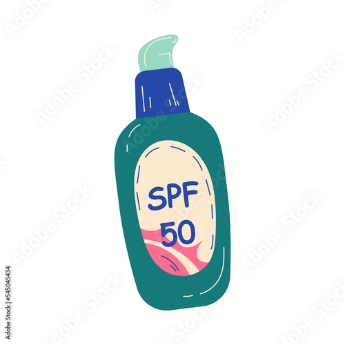 Green bottle of sunblock lotion with label vector illustration. Sun safety, lotion with SPF, sunscreen for skin care during summer isolated on white background. Cosmetics, summer, protection concept