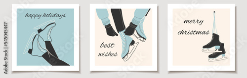 Christmas vector gift card or tag Christmas Set of three ice skates for figure skating in winter. merry christmas lettering, best wishes.	
