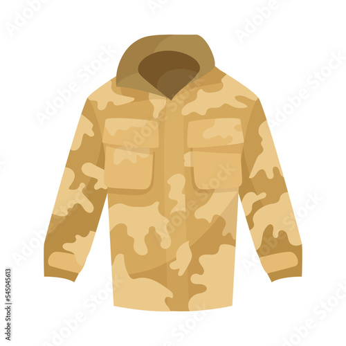 Desert camouflage uniform jacket cartoon illustration. Khaki clothing for soldiers or officers, clothes for combat or battle isolated on white background. Army, uniform, protection concept