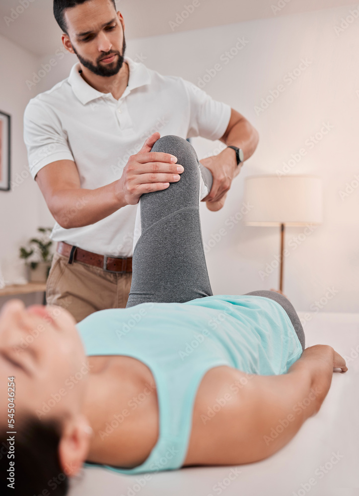 Physiotherapy, stretching and leg with woman and doctor for chiropractor, rehabilitation or orthopedic healthcare. Medical, exercise and healing with patient and man for consulting, help or training Physiotherapy, stretching and leg with woman and doctor for chiropractor, rehabilitation or orthopedic healthcare. Medical, exercise and healing with patient and man for consulting, help or training