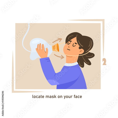 Step three of putting on oxygen mask cartoon illustration. Instruction on how to use oxygen mask, locating mask on face. Airplane, instruction, emergency concept.
