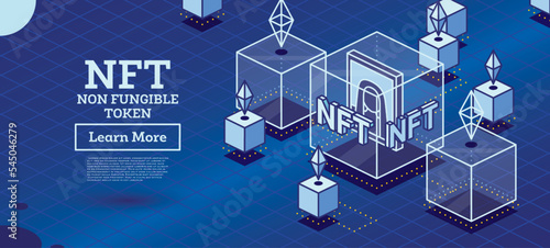 Isometric NFT. Artwork Inside of Transparent Cube. Blockchain Technology.