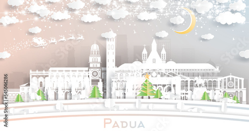 Padua Italy City Skyline in Paper Cut Style with Snowflakes, Moon and Neon Garland.