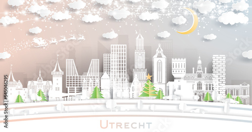 Utrecht Netherlands City Skyline in Paper Cut Style with Snowflakes, Moon and Neon Garland.