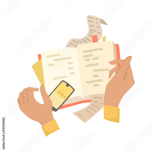 Hands of business person with notebook vector illustration. Arms of office worker or student doing math homework or calculations isolated on white background. Planning, calculation, education concept