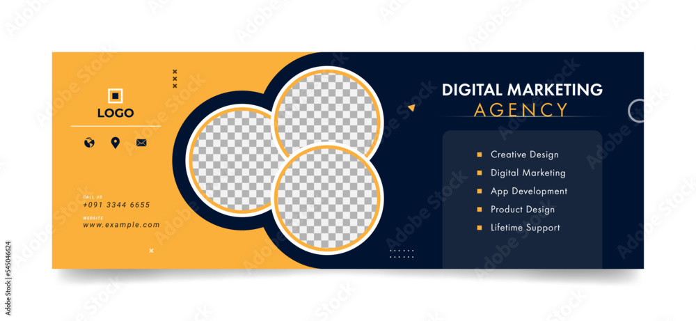 marketing agency facebook cover page timeline web ad banner template with photo place. modern and creative layout black orange background for business - obrazy, fototapety, plakaty 