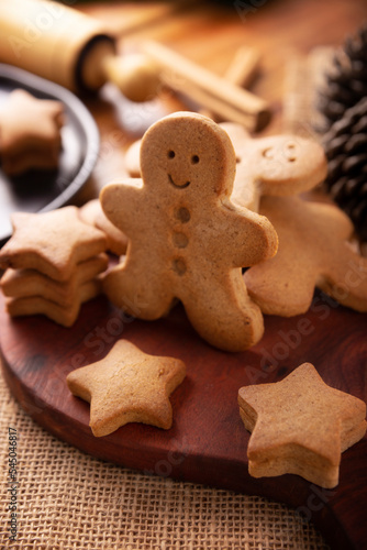 Homemade gingerbread men cookies and star shaped cookies, traditionally made at Christmas and the holidays.