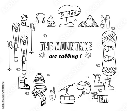 Set of ski and snowboard hand-drawn icons isolated on white background.