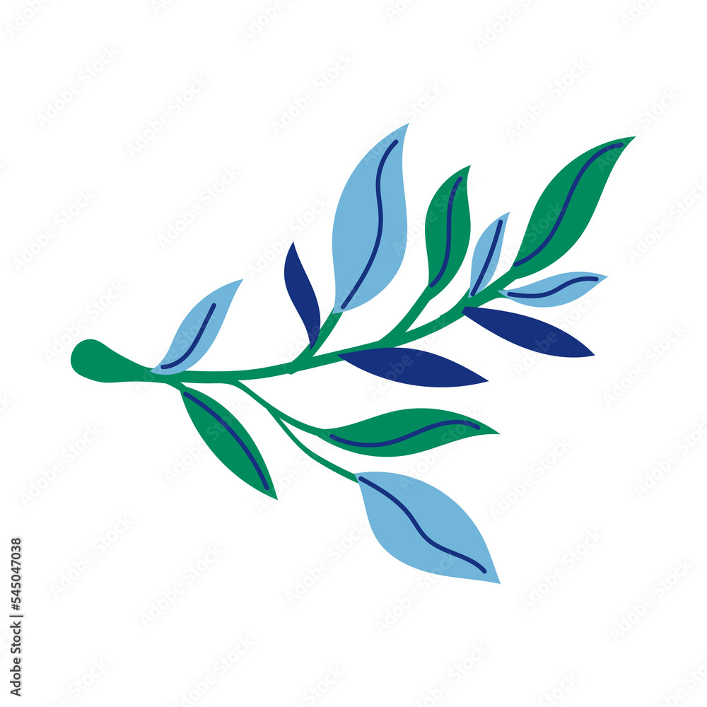 Leaves in green, dark and light blue colors. Beautiful plant on white background cartoon illustration. Nature, greenery, flora concept Leaves in green, dark and light blue colors. Beautiful plant on white background cartoon illustration. Nature, greenery, flora concept