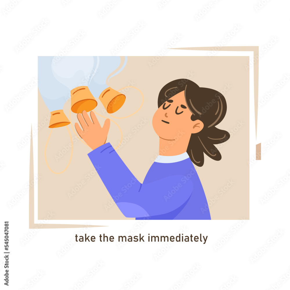 Step one of putting on oxygen mask cartoon illustration. Instruction on
