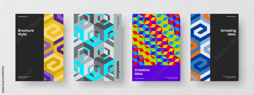 Fototapeta premium Original handbill design vector template composition. Amazing geometric pattern booklet illustration set.