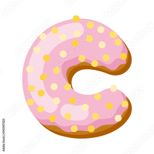 Letter c in donut font vector illustration. Design of alphabet letter from chocolate donut or cookie with icing. Food, dessert, typography concept for bakery or cafe