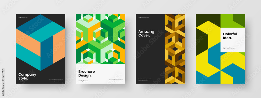 Colorful geometric pattern presentation concept composition. Vivid leaflet A4 vector design template bundle.