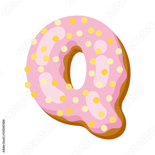 Letter q in donut font vector illustration. Design of alphabet letter from chocolate donut or cookie with icing. Food, dessert, typography concept for bakery or cafe