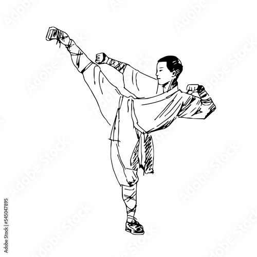 Drawn Shaolin monk wushu kung fu stance. Vector illustration graphic resources clipart sketch 