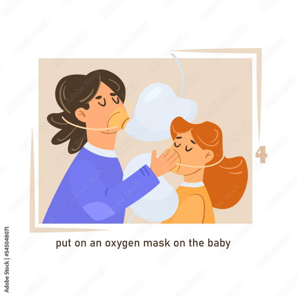 Step two of putting on oxygen mask cartoon illustration. Instruction on