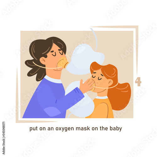 Step two of putting on oxygen mask cartoon illustration. Instruction on how to use oxygen mask, putting on oxygen mask on baby. Airplane, instruction, emergency concept.