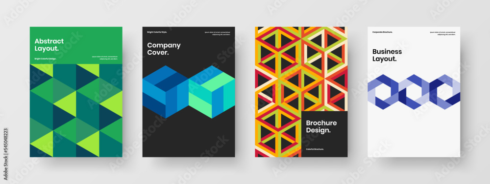 Unique geometric tiles corporate cover concept composition. Vivid company identity A4 design vector illustration collection.