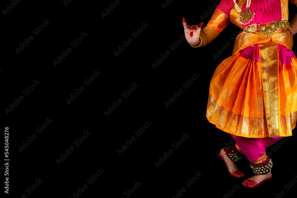 Full Length Of Dancer Practicing Kathak Against White Background stock photo