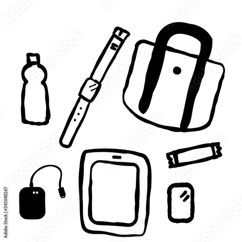 カバンとスマホや腕時計などのガジェットのイラストセット