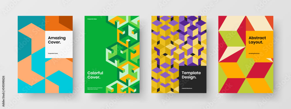 Minimalistic mosaic tiles journal cover layout composition. Bright annual report design vector illustration collection.