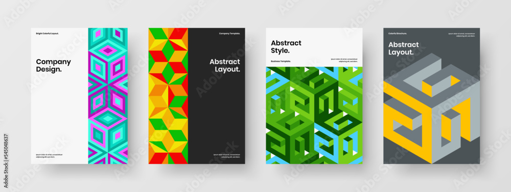 Multicolored geometric shapes annual report layout composition. Isolated poster vector design illustration collection.