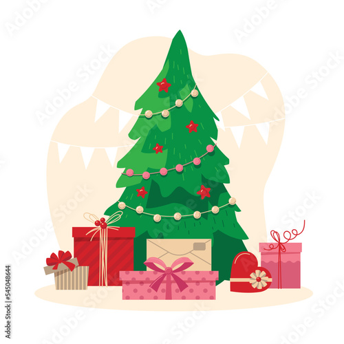 Christmas tree with a garland. Christmas gifts under the tree. New Year mood. Vector image.