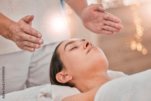 Woman, hands or relax reiki spa for stress management, headache relief or healthcare wellness in holistic clinic. Energy healer, man or mind chakra peace for sleeping patient and special effects glow