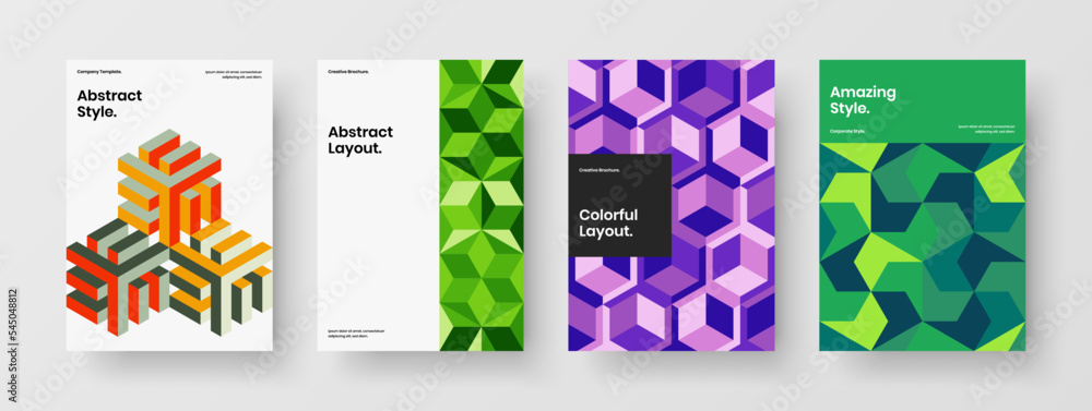 Minimalistic handbill A4 vector design layout collection. Multicolored mosaic pattern company brochure template composition.