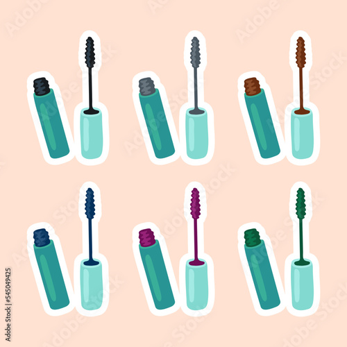 Mascara sticker set. Vector illustrations of creamy makeup product for tinting eyelashes. Cartoon open blue plastic tubes with brush applicators isolated on pink. Beauty, fashion, cosmetics concept