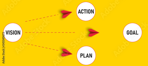 Red paper airplane flying from vision to action,plan,target. Thinking by taking action, business life change concept.Thinking different, Business leader, personality development idea concept.