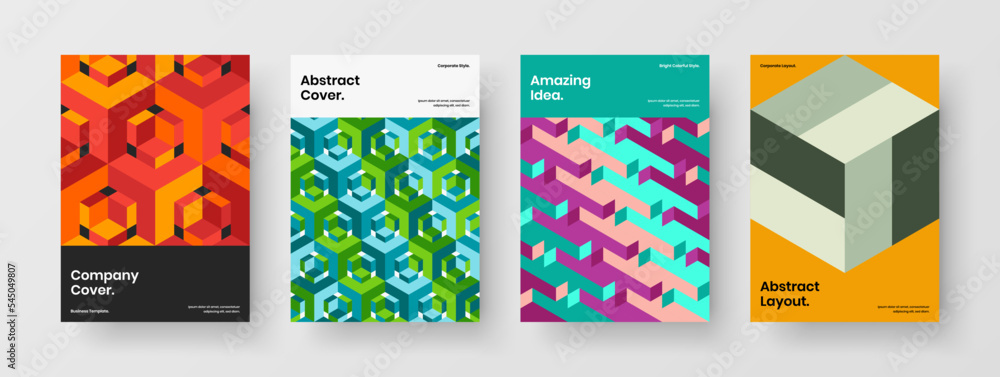 Premium geometric hexagons company brochure template collection. Amazing cover design vector concept set.
