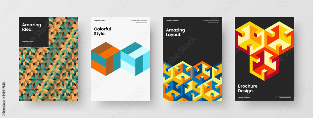 Original book cover A4 design vector layout composition. Bright mosaic shapes company identity concept collection.