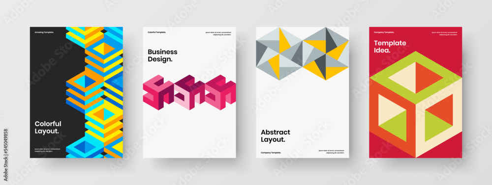 Bright geometric shapes handbill illustration collection. Premium company cover A4 design vector layout set.