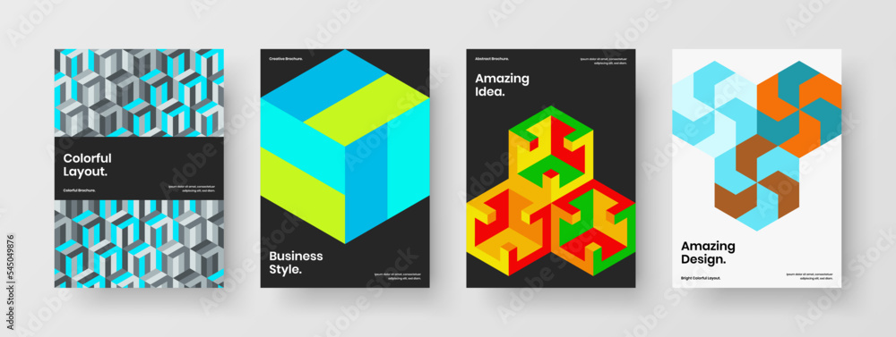 Amazing poster A4 vector design illustration collection. Multicolored mosaic shapes leaflet concept bundle.