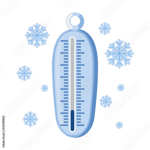 Thermometer with low temperature in winter. Vector illustrations of blue thermometer in cold weather. Cartoon equipment with scales and snowflakes isolated on white. Climate, meteorology concept